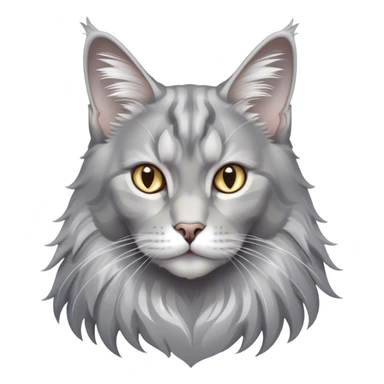 Cinematic Grey Maine Coon Cat Portrait Emoji, Elegant and alert, sleek grey, silver, and white tones, Simplified yet sharp features, highly detailed, glowing with a cool, confident glow, high shine, intelligent and poised, stylized with an air of grace, focused and attentive, soft glowing outline, capturing the essence of strength and sophistication, so lifelike it feels as though it could spring into motion with its majestic tail swishing at any moment! sticker