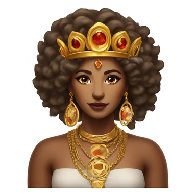 Create an emoji of a confident woman with voluminous lion-like hair, bold makeup, and gold jewelry, embodying the Leo zodiac sign with a regal expression and fiery energy. And a headgear of Leo sign sticker