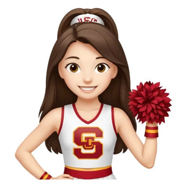 skinny white happy long haired brunette girl in a white USC cheerleader outfit with the letters USC sticker