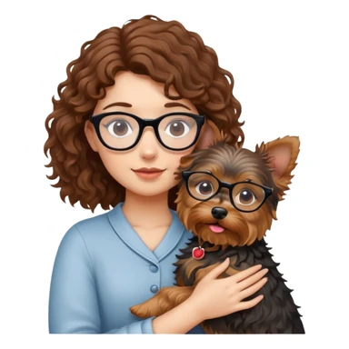 Girl with brown curly hair and glasses hugging a yorkshire terrier dog sticker