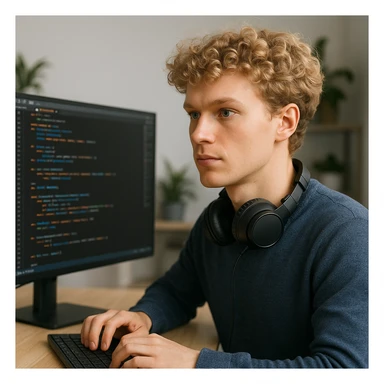 male software developer with blonde curly hair and blue eyes, coding on a large monitor, headphones around neck sticker