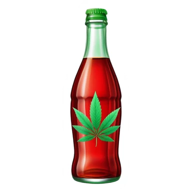 Classic Coca-Cola shaped glass bottle with curved contours, red color, with a cannabis leaf sticker