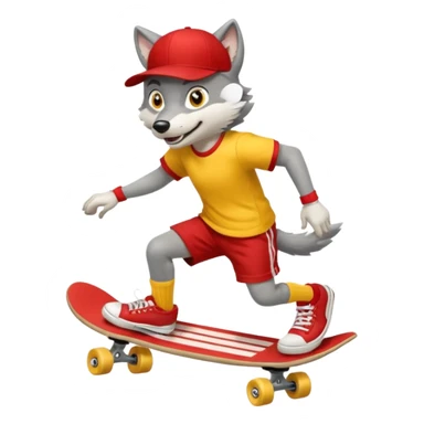 A gray wolf with large, expressive eyes and a friendly smile. The gray wolf is wearing a bright yellow T-shirt, red shorts, white knee socks, and sneakers. The baseball cap is on backwards. The wolf is preparing to perform a skateboarding trick. sticker