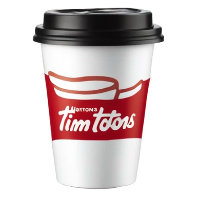 “Red Tim Hortons coffee cup with large white ‘Tim Hortons’ logo in script, black plastic lid, and a simple, clean design.” sticker