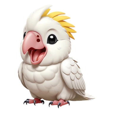 Cinematic Cute Yawning Cockatoo Portrait Emoji, Head tilted slightly with a dramatic, wide-open yawn, showcasing a plump, feathered body with a softly drooping crest and sleepy, half-closed eyes, Simplified yet irresistibly adorable features, highly detailed, glowing with a soft, cozy tropical glow, high shine, relaxed yet expressive, stylized with a dash of whimsical avian charm, soft glowing outline, capturing the essence of a drowsy yet affectionate cockatoo that appears ready to stretch out and yawn its way off the screen! sticker