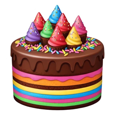 two-tiered chocolate fudge and strawberry cake, covered in rainbow decorations, looking delicious and playful sticker