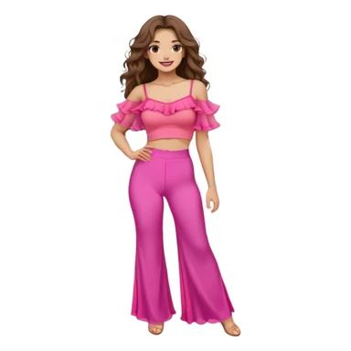 A young woman with long, wavy brown hair standing outdoors on a paved walkway, surrounded by green grass and modern architecture. She is wearing a vibrant pink crop top with dramatic sheer ruffled sleeves and high-waisted beige pants. The sunlight casts a warm glow on her face, and she has a gentle smile with a confident and relaxed posture. The background features a mix of classical and contemporary buildings, with trees adding a natural touch to the setting. sticker