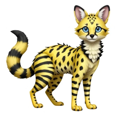  beautiful elegant spotted hype-realistic, black-maned, vibrant yellow Genet-Serval-Sergal-Margay-Fox-fusion-hybrid-furry-fursona, full body, with a long puffy fluffy black-and-white-striped tail, with natural blue eyes sticker