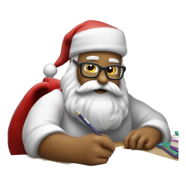 Santa is sitting on a desk, writing something down, solving complicated math puzzles in an exercise book sticker