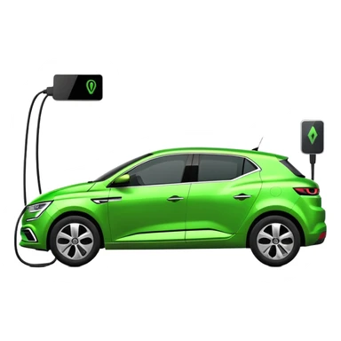 Renault Megane E-Tech electric car with charging cable plugged in, green color sticker