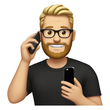White man, 
wearing black circle glasses, smiling, straight hair with a high comb to the brown side, beard, holding a cell phone next to his face, black t-shirt with a pineapple sticker