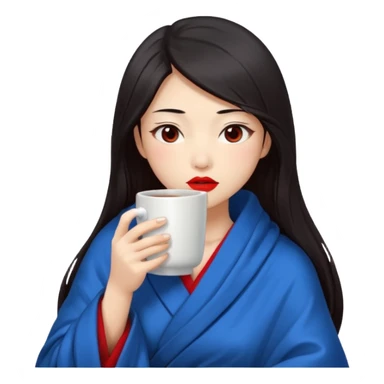 sexy asian japanese girl, red lips, long dark hair, feeling ill, sickness, nose is red due to sickness, fully covered by blanket - even head, holding tea mug in hands sticker