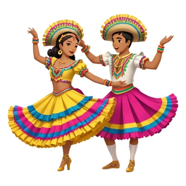 Cinematic Realistic scene of two dancers performing Cumbia, adorned in colorful traditional Colombian costumes with intricate details, captured in rhythmic motion with lively, festive lighting sticker