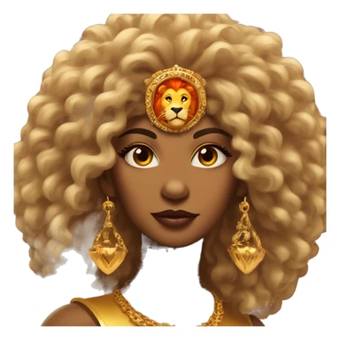 Create an emoji of a confident woman with voluminous lion-like hair, bold makeup, and gold jewelry, embodying the Leo zodiac sign with a regal expression and fiery energy. And a headgear of Leo sign sticker