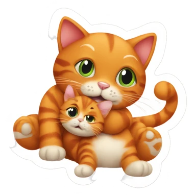 A big red cat playing with a small kitty sticker