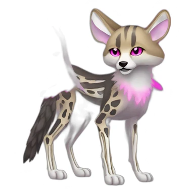 Coyote ocelot standing with grey and black fur and phoenix wings on back and pink ears half skeleton, neon lights sticker