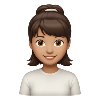 In Apple Memoji format, a girl with dark brown hair. She has bangs and her hair is in a singular high bun. The girl is arab and has light brown skin. She is wearing a white shirt sticker