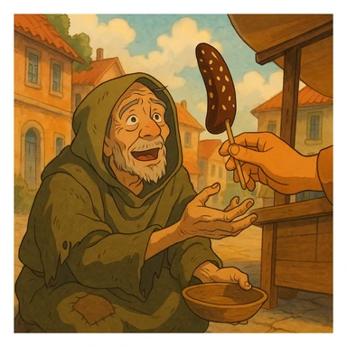 ghibli style illustration of a beggar reaching for a chocobanana, warm and expressive sticker