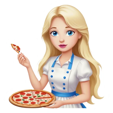Cinematic realistic beautiful blonde with long hair, blue eyes and pink lips in a white dress cooks pizza sticker