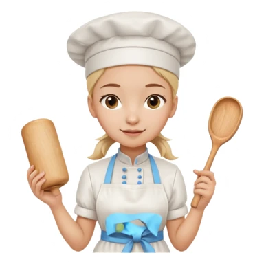 Young female pastry chef - single ponytail, apron, wearing a white hat, holding a rolling pin sticker