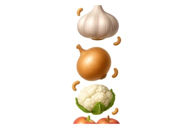 EMOJI STILE IPHONE DI aglio, cipolle, cavolfiore e mele che cadono verticalmente dall'alto con pezzi di colon avvolti intorno, IPERREALISTICO 4K sticker
