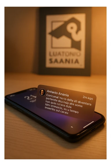 A photo of an iPhone with the message "Antonio Anania" on its scree, both surrounded by soft light and shadow. The phone sits atop a desk with a blurred background that suggests work environment. A faint glow from above casts gentle shadows across the surface of each object, creating depth and highlighting their textures. sticker