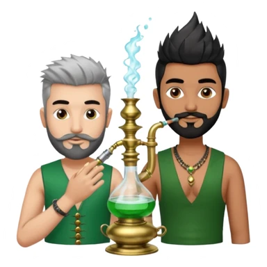 Brass hookah with green design on a glass water base on the top; with two smoke pipes where people are holding them and smoking - one white guy with spikes (silver and black hair) and another Tamil handsome with little beard Indian guy sticker