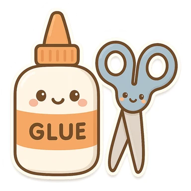 bottle of glue with orange label and tip and a pair of blue scissors, flat toon vector illustration, kawaii minimal sticker