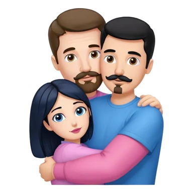 Tall white man with brown mustache goatee wearing blue hugging a short pale woman with long black hair wearing pink sticker