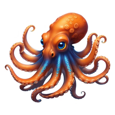 Cinematic Realistic Noble Octopus Portrait Emoji, Poised and majestic, with a sinuous, flowing body in vivid orange accented by intricately detailed blue rings, and intelligent, penetrating eyes that reflect ancient ocean lore; rendered with lifelike texture and natural iridescence, high shine, intelligent and formidable, styled with an aura of mystical marine power, focused and attentive, soft glowing outline, capturing the essence of a watchful and confident octopus that appears ready to glide out of the screen with timeless authority! sticker
