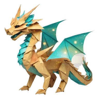 Sparkling patterned Beige Origami dragon with a dried flower crown made of newspapers intricate patterns surrounded by fairy lights nebula galaxy stars swirls iridescent orange cyan yellow sticker