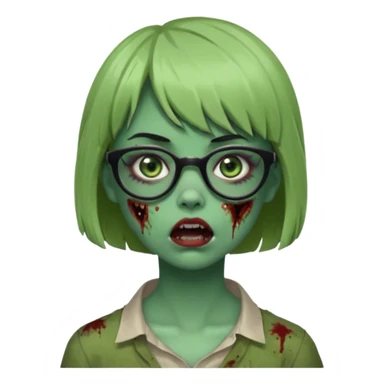 faça uma menina zumbi,da cor verde,com o cabelo curto,até o pescoço,franja,óculos pretos médios,olhos escuros,boca meio aberta e alguns machucados pelo rosto sticker