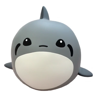 small round gray shark squishmallow, white belly, tiny cute smile, black eyes sticker