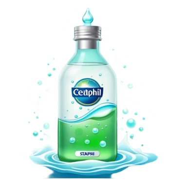 Cetaphil white bottle with light green cap and blue-green label, glowing softly. Surrounded by tiny light orbs and silky sparkles flowing like hydration waves. Feels like a gentle skin shield potion in a glossy, minimalist flask. sticker