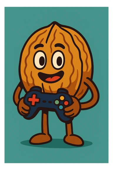 A standing walnut holding a game controller sticker