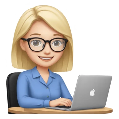 Девушка сидит на работе с ноутбуком. Она улыбается  sticker