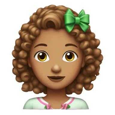 A girl with curly brown hair green eyes and with a pink bow in her hair sticker