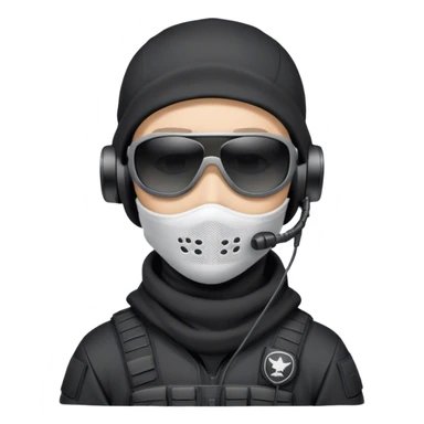 Futuristic special forces soldier wearing a white full-face balaclava, black wraparound sunglasses, and a military headset with a microphone. Dressed in a black hoodie, no tactical vest or armor. sticker