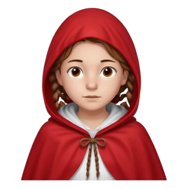 a 12 year old girl with fair skin, freckles, and brown hair done in French braids that come down to her breasts. she has a red hooded cape with the hood drawn. she has big, brown eyes and normal eyebrows sticker