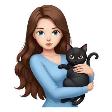A sexy girl with long hair wearing light blue clothes is holding a black cat sticker