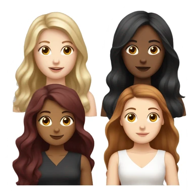 three WHITE girls. one lighter brown hair, one dark blackish hair, one burgundy red hair. olive skin, pale skin, paler skin. ALL WHITE long hair down sticker