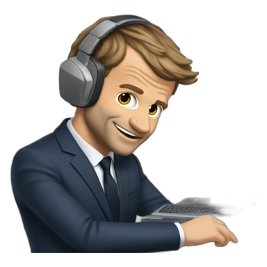 Emmanuel Macron qui joue aux jeux vidéo avec un pc gameret un casque sticker