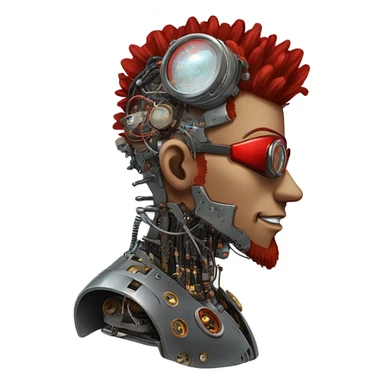 cyborg head with red Mohawk, red beard. silver steampunk monocle goggles a smile and circuits sticker