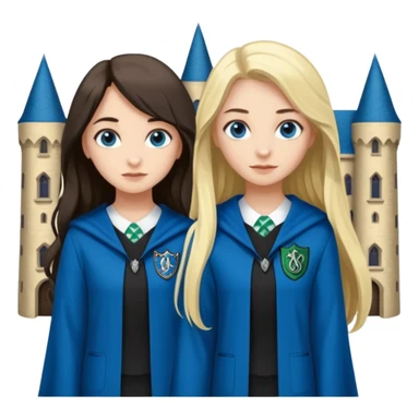 a pretty ravenclaw girl with long dark brown hair and blue eyes standing with a hot Slytherin girl with long blonde hair, blue eyes sticker