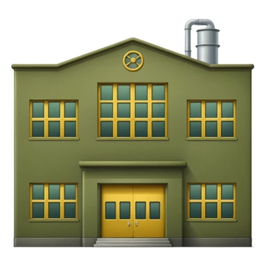 retro industrial factory building, military olive green color, large windows, industrial doors, no smoke, visually appealing, no weapons, no vehicles, not a house sticker