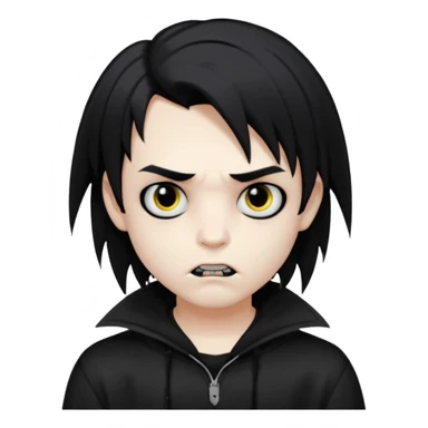 Vampire boy with the black emo hair, pale-white skin, black eyes, little fangs and dark circles under his eyes. He has serious face and he wear a black oversize sweatshot sticker
