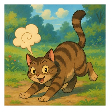 cat in a whimsical pose with a stylized fart cloud, ghibli-inspired style sticker