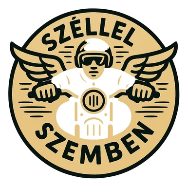 Edit the image to correct the text to 'SZÉLLEL SZEMBEN' instead of 'SZÉLLEEL SZEMBEN'. Keep the graphic, style, and layout unchanged. The image is circular with a transparent background and includes motorcycle motifs. Maintain all these elements exactly as they are, only fix the text typo. sticker