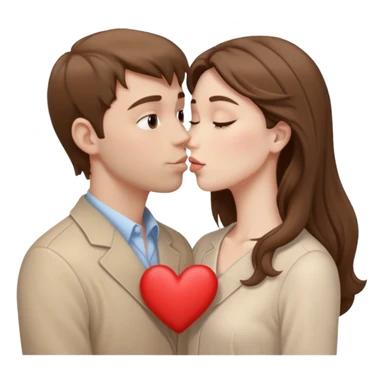A white man with brown hair in pale beige clothes and a woman in pale beige clothes are kissing with white hearts sticker