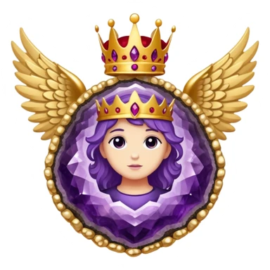Big amethyst geode with red rubby dots inside award-in-frame-decorated-with-big-golden-angel--wings and crown sticker